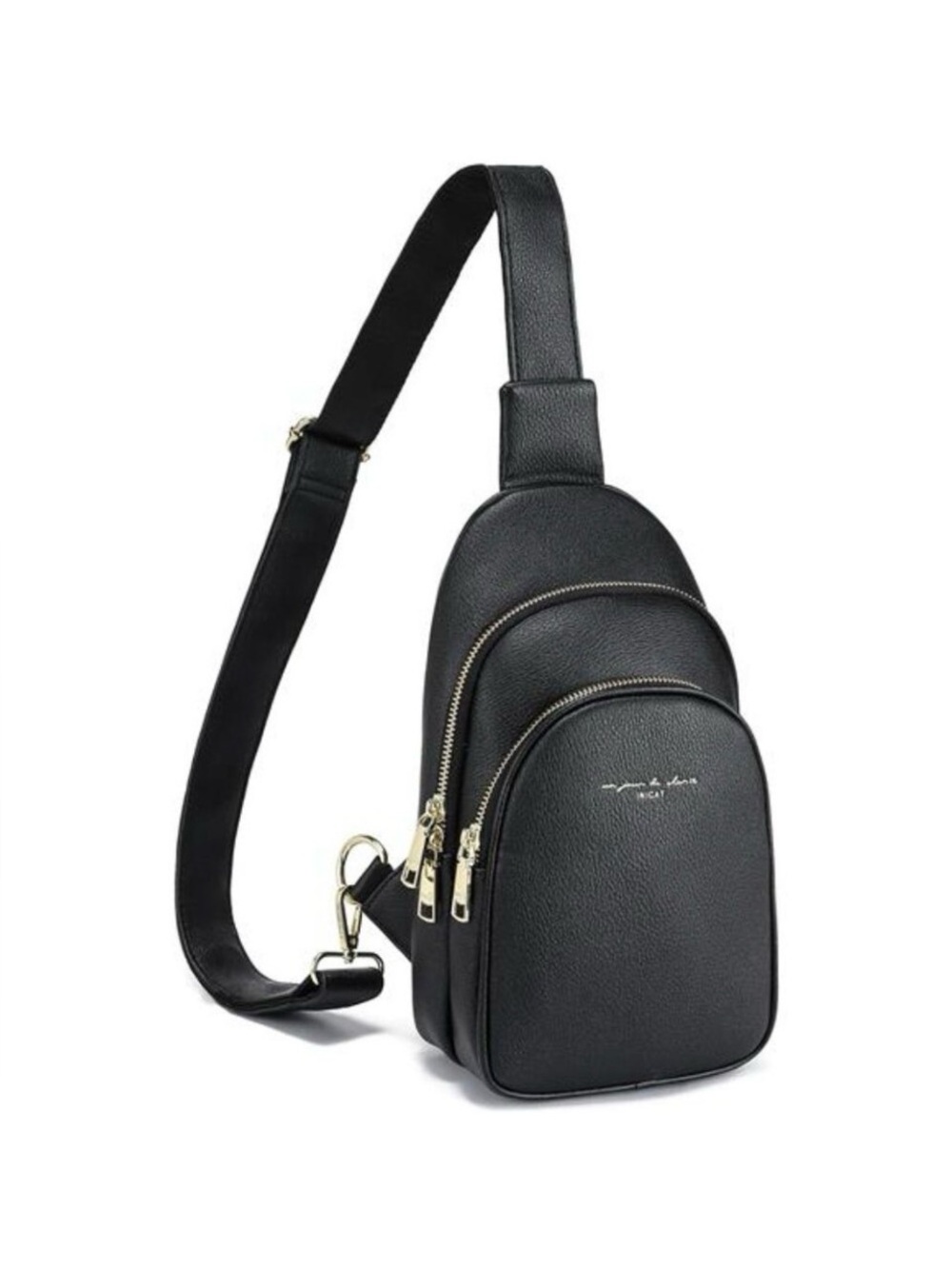 INICAT Black Pebbled Vegan Leather Sling Bag Gold-tone Zippers, EUC